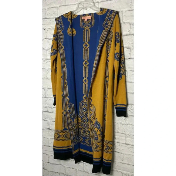 PeachPuff USA boho blue and yellow long open front duster cardigan size M - Picture 3 of 9